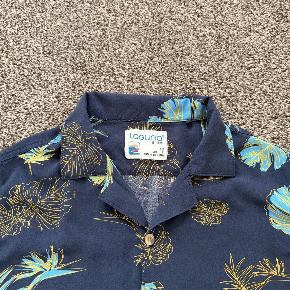 Laguna Hawaiian Camp Shirt Men's M Navy 100% Rayon Fern Print Button Up